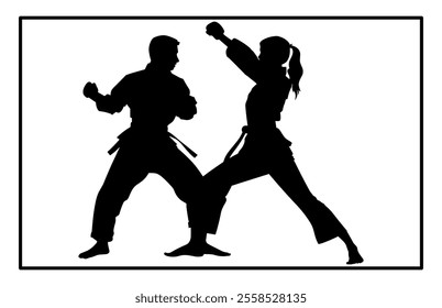 Fight between karate woman and man fighters in kimono and black belt, kick in action vector illustration
