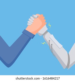 The fight between man and robot on a blue background. The power of man and robot. Fists and aggression.
