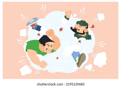 Fight between men. Brawl in clouds of dust. Funny people. Illustration concept template for website, web landing page, banner, presentation, social, poster, promotion or print media.