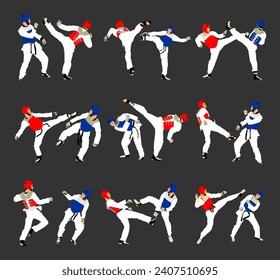 Fight between taekwondo fighters vector illustration isolated. Sparring on training action. Self defense skills exercising. Warriors martial arts battle. Sport man combat competition. Brave boy fight.