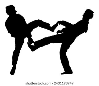 Lucha entre luchadores de taekwondo ilustración de silueta vectorial aislado. Dirigir la acción de entrenamiento. Ejercicio de habilidades de autodefensa. Batalla de arte marcial guerrero. Deporte hombre competencia de combate. Un chico valiente.