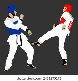 Fight between taekwondo fighters vector illustration isolated. Sparring on training action. Self defense skills exercising. Warriors martial arts battle. Sport man combat competition. Brave boy fight.