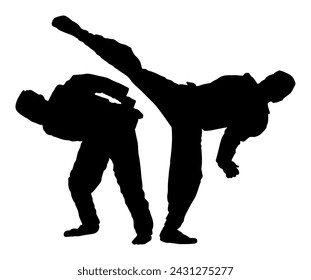 Lucha entre luchadores de taekwondo ilustración de silueta vectorial aislado. Dirigir la acción de entrenamiento. Ejercicio de habilidades de autodefensa. Batalla de arte marcial guerrero. Deporte hombre competencia de combate. Un chico valiente.