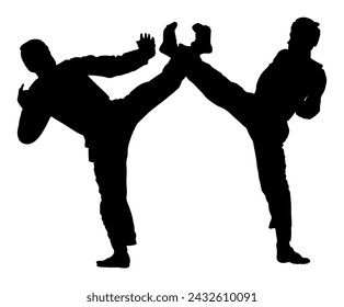 Lucha entre luchadores de taekwondo ilustración de silueta vectorial aislado. Dirigir la acción de entrenamiento. Ejercicio de habilidades de autodefensa. Batalla de arte marcial guerrero. Deporte hombre competencia de combate. Un chico valiente.