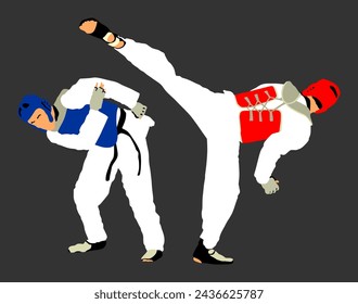 Fight between taekwondo fighters vector illustration isolated. Sparring on training action. Self defense skills exercising. Warriors martial arts battle. Sport man combat competition. Brave boy fight.