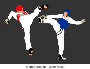 Luta entre taekwondo lutadores ilustração vetor isolado. Tensões em ações de treinamento. Habilidades de autodefesa exercitando. Guerreiros batalha de artes marciais. Homem do esporte combate a competição. Bravo garoto luta.