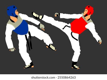 Luta entre taekwondo lutadores ilustração vetor isolado. Tensões em ações de treinamento. Habilidades de autodefesa exercitando. Guerreiros batalha de artes marciais. Homem do esporte combate a competição. Bravo garoto luta.