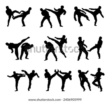 Fight between taekwondo fighters vector silhouette illustration isolated. Sparring training action. Self defense skill exercising. Warrior martial art battle. Sport man combat competition. Brave boy.
