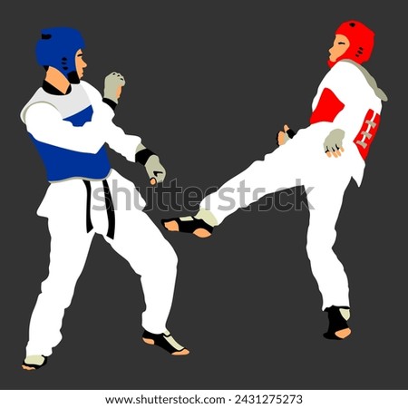 Fight between taekwondo fighters vector illustration isolated. Sparring on training action. Self defense skills exercising. Warriors martial arts battle. Sport man combat competition. Brave boy fight.