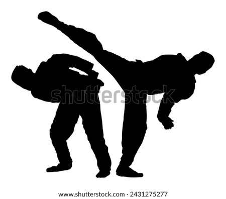 Fight between taekwondo fighters vector silhouette illustration isolated. Sparring training action. Self defense skill exercising. Warrior martial art battle. Sport man combat competition. Brave boy.