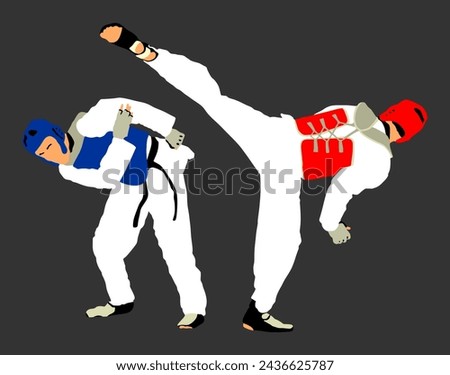 Fight between taekwondo fighters vector illustration isolated. Sparring on training action. Self defense skills exercising. Warriors martial arts battle. Sport man combat competition. Brave boy fight.