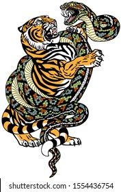 fight between tiger and snake. Angry reptile coiled the big cat. Graphic style vector illustration. Tattoo