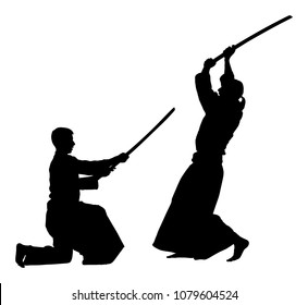 Fight between two aikido fighters vector silhouette symbol illustration. Sparring on training action. Self defense, defence art exercising concept.