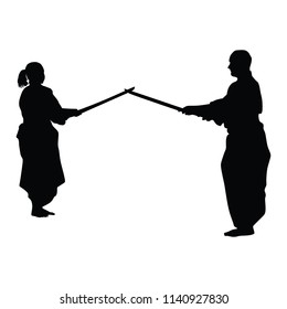 Fight between two aikido fighters vector silhouette symbol illustration. Sparring on training action. Self defense, defence art exercising concept.