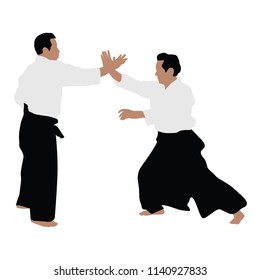 Fight between two aikido fighters vector silhouette symbol illustration. Sparring on training action. Self defense, defence art exercising concept.