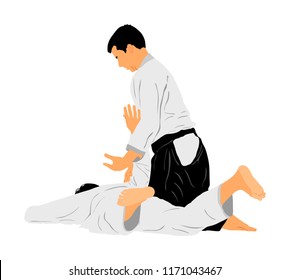Fight between two aikido fighters vector symbol illustration. Sparring on training action. Self defense, defence art excercising concept. Karate and aikido fighters. Traditional warriors skills.