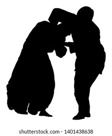 Fight between two aikido fighters vector silhouette symbol illustration. Sparring on training action. Self defense, defence art exercising concept. Sparing duel between opponents. Martial skills.