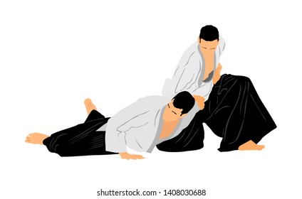 Fight between two aikido fighters vector symbol illustration. Sparring on training action. Self defense, art exercise concept. Karate and aikido fighters. Traditional warriors skills.