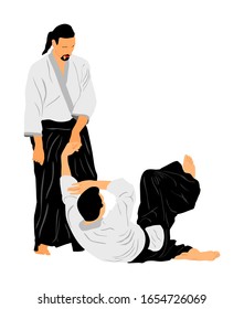Fight between two aikido fighters vector illustration isolated on white background. Sparring on training action. Self defense skills fighter, exercise concept. Traditional warriors. 