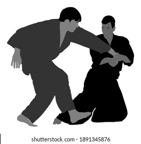 Kampf zwischen zwei Aikido-Kämpfern Vektorsymbol Illustration. Sparen Sie auf Fortbildungsmaßnahmen. Selbstverteidigungsfähigkeitskämpfer, Trainingskonzept. Traditionelle Krieger.