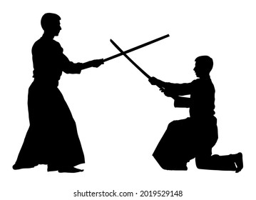Fight between two aikido fighters vector silhouette illustration. Sparring on training action. Self defense skills, defence art excercise concept. Karate and aikido fighters. Traditional warriors.