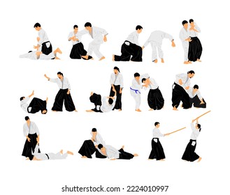 Fight between two aikido fighters vector illustration isolated on white background. Sparring on training action. Self defense skills fighter, exercise concept. Traditional warriors. 