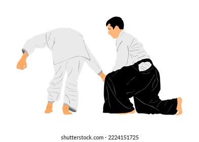 Fight between two aikido fighters vector illustration isolated on white background. Sparring on training action. Self defense skills fighter, exercise concept. Traditional warriors. 