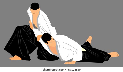 Fight between two aikido fighters vector silhouette symbol illustration. Sparring on training action. Self defense, defence art excercising concept. gripping levers, leverage on the hand.