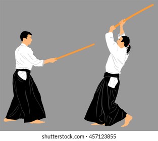 Fight between two aikido fighters vector silhouette symbol illustration. Sparring on training action. Self defense, defence art excercising concept.