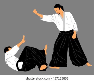 Fight between two aikido fighters vector silhouette symbol illustration. Sparring on training action. Self defense, defence art excercising concept.