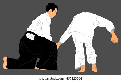 Fight between two aikido fighters vector silhouette symbol illustration. Sparring on training action. Self defense, defence art excercising concept. Karate and aikido fighters.