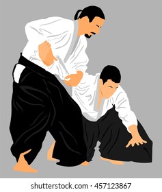 Fight between two aikido fighters vector silhouette symbol illustration. Sparring on training action. Self defense, defence art excercising concept.