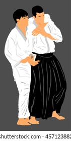Fight between two aikido fighters vector silhouette symbol illustration. Sparring on training action. Self defense, defence excercising concept. Karate and aikido fighters. Karate and aikido fighters.