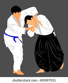 Fight between two aikido fighters vector silhouette symbol illustration. Sparring on training action. Self defense, defence art excercising concept. Karate and aikido fighters.