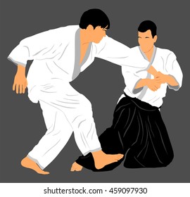 Fight between two aikido fighters vector silhouette symbol illustration. Sparring on training action. Self defense, defence art excercising concept. Karate and aikido fighters.