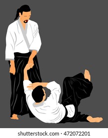 Fight between two aikido fighters vector silhouette symbol illustration. Sparring on training action. Self defense, defence art exercising concept.