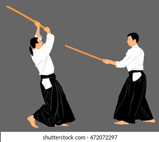 Fight between two aikido fighters vector silhouette symbol illustration. Sparring on training action. Self defense, defence art exercising concept.