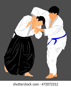 Fight between two aikido fighters vector silhouette symbol illustration. Sparring on training action. Self defense, defence art excercising concept. Karate and aikido fighters.