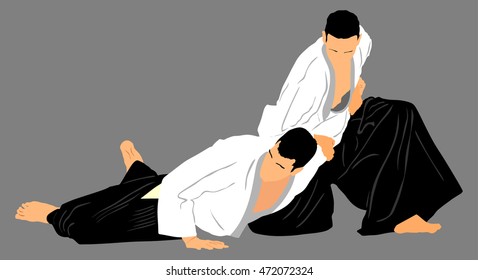 Fight between two aikido fighters vector silhouette symbol illustration. Sparring on training action. Self defense, defence art exercising concept.