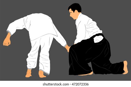 Fight between two aikido fighters vector silhouette symbol illustration. Sparring on training action. Self defense, defense art exercising concept. Karate and aikido fighters.
