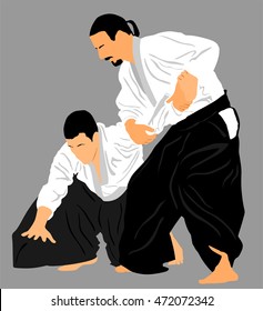 Fight between two aikido fighters vector silhouette symbol illustration. Sparring on training action. Self defense, defence art exercising concept.
