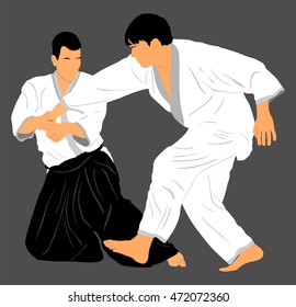 Fight between two aikido fighters vector silhouette symbol illustration. Sparring on training action. Self defense, defence art excercising concept. Karate and aikido fighters.