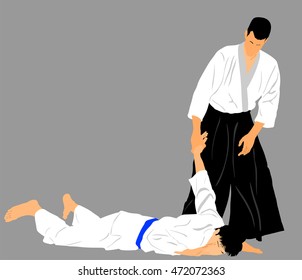 Fight between two aikido fighters vector silhouette symbol illustration. Sparring on training action. Self defense, defence art excercising concept. Karate and aikido fighters.