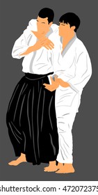 Fight between two aikido fighters vector silhouette symbol illustration. Sparring on training action. Self defense, defence exercising concept. Karate and aikido fighters. Karate and aikido fighters.