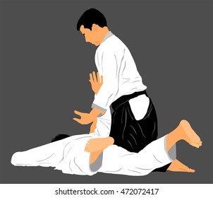 Fight between two aikido fighters vector silhouette symbol illustration. Sparring on training action. Self defense, defence art excercising concept. Karate and aikido fighters.