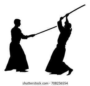 Fight between two aikido fighters vector silhouette symbol illustration. Sparring on training action. Self defense, defence art exercising concept.