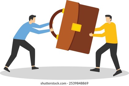 Fight between two business people for one workplace. Job seekers share an employee briefcase, business conflict. Unemployment problem. Flat vector illustration.

