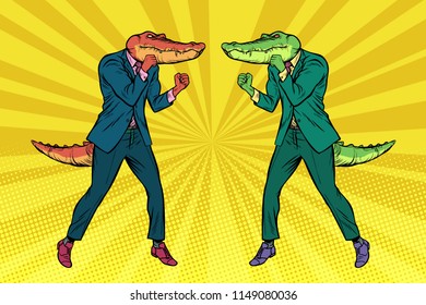 A fight between two businessmen crocodiles. Competition concept. Pop art retro vector illustration vintage kitsch drawing