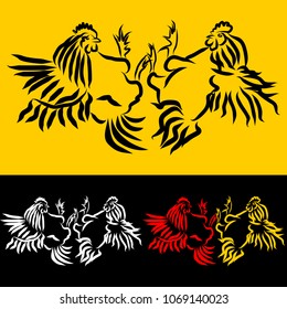 Fight between two cocks - a simple vector outline illustration. Schematic drawing of roosters attack on the contrast background