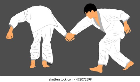 Fight between two karate or judo fighters vector silhouette symbol illustration. Sparring on training action. Self defense, defence art exercising concept. 